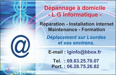 Carte de visite L.G Informatique : dépannage à domicile, réparation, installation, maintenance et formation. Contact : 06 28 75 26 82 et lginfo@bbox.fr.